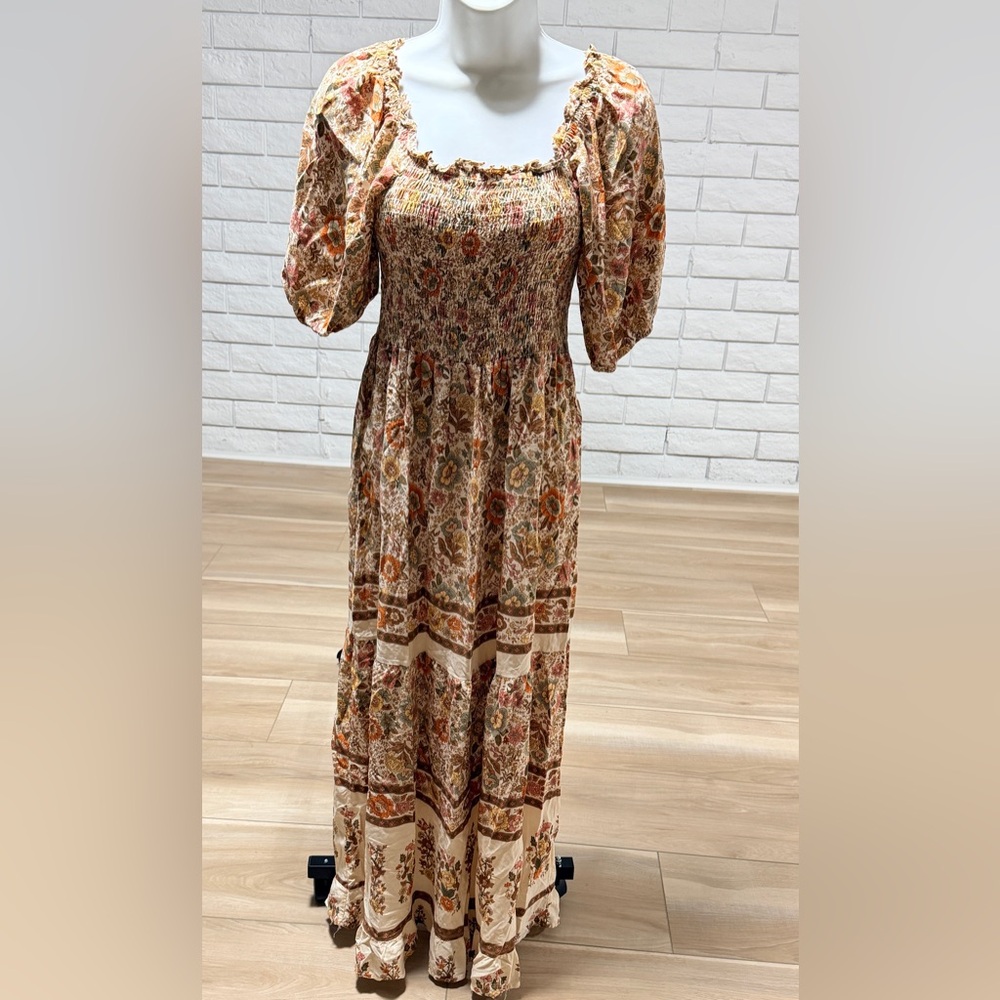 Smocked Bodice Floral Maxi Dress in Cream and Rust